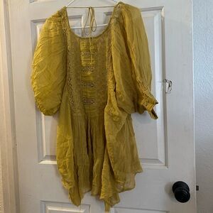 Free People Mustard Yellow Gauze Peasant Dress